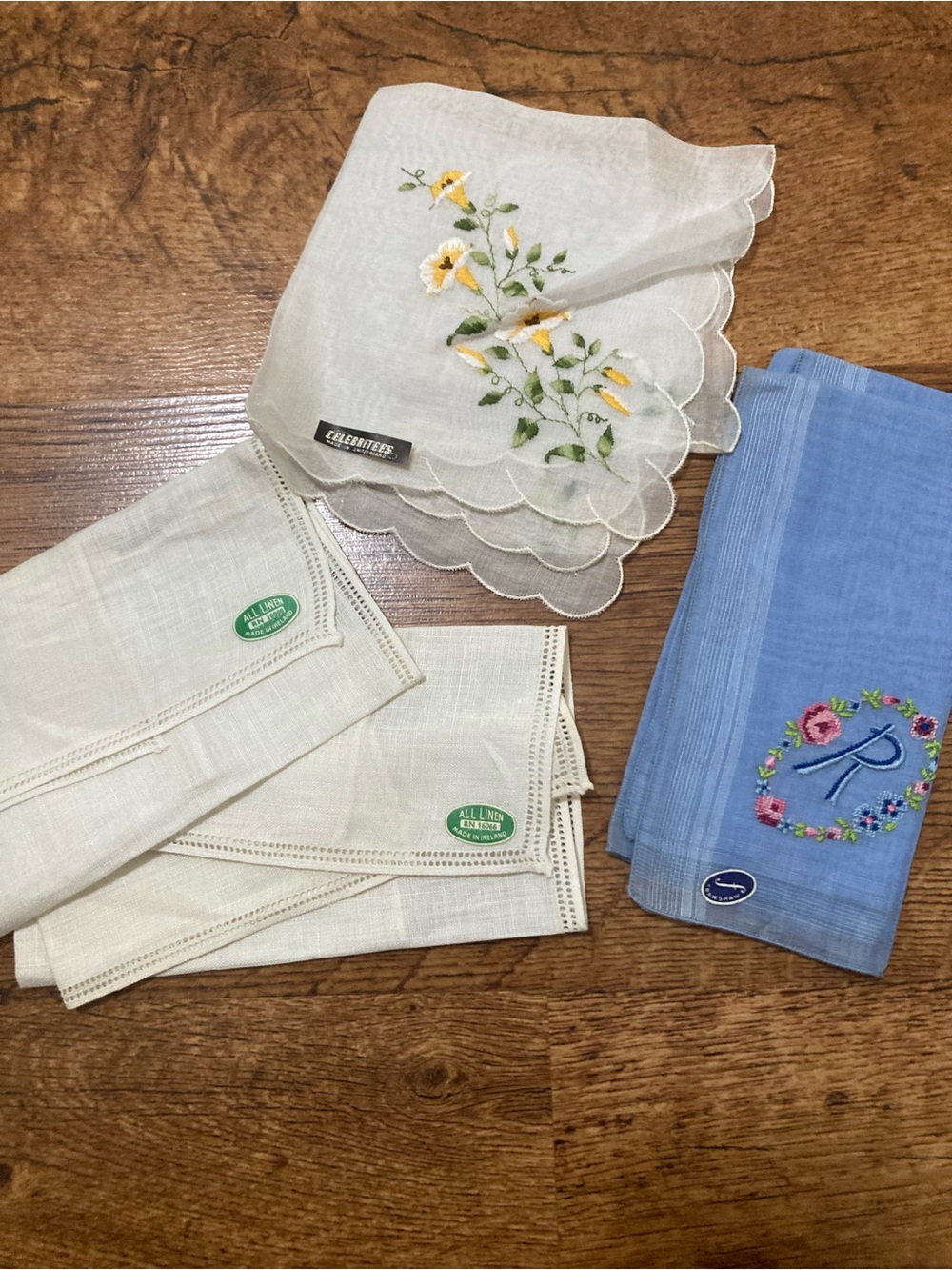 NWT 4 Vintage Handkerchiefs Ladies Lot Linen, Franshaw, Celebrities, White, Blue
